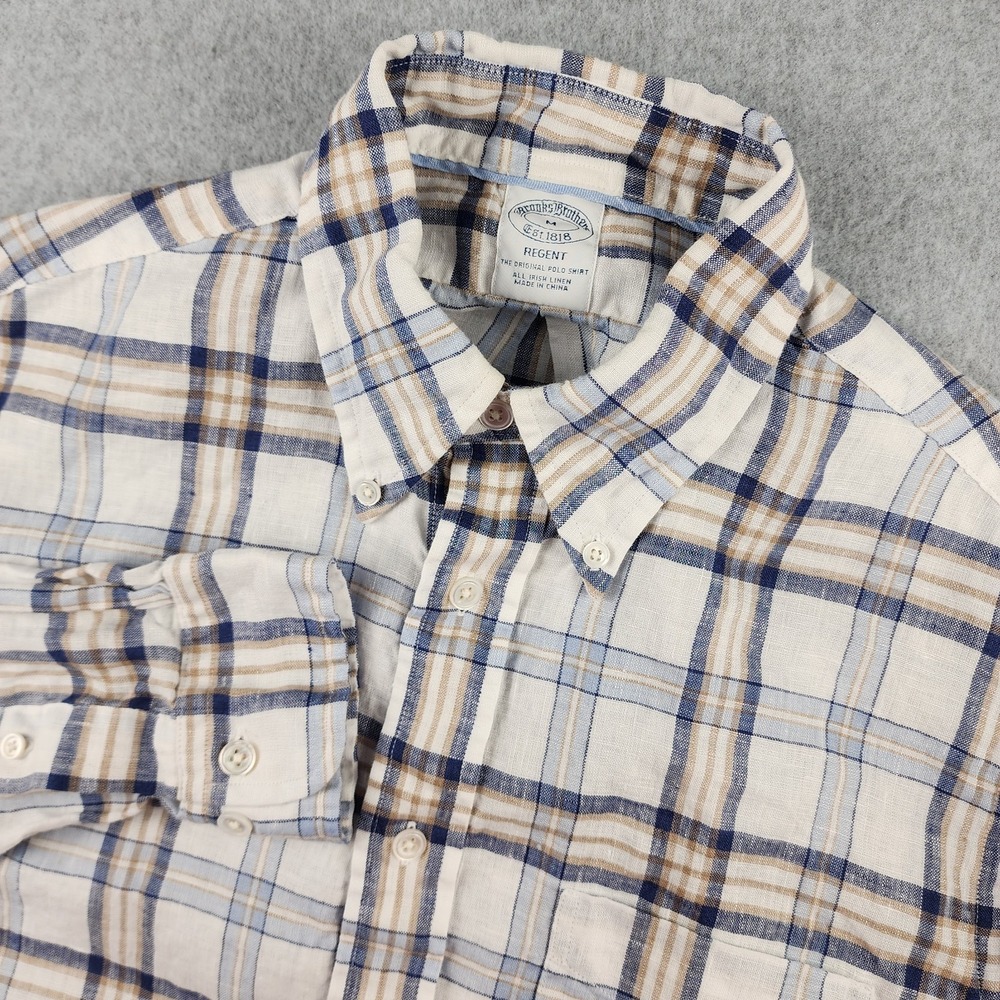 Brooks Brothers Shirt Men's M Plaid Regent Irish Linen White Blue Brown‎ Button